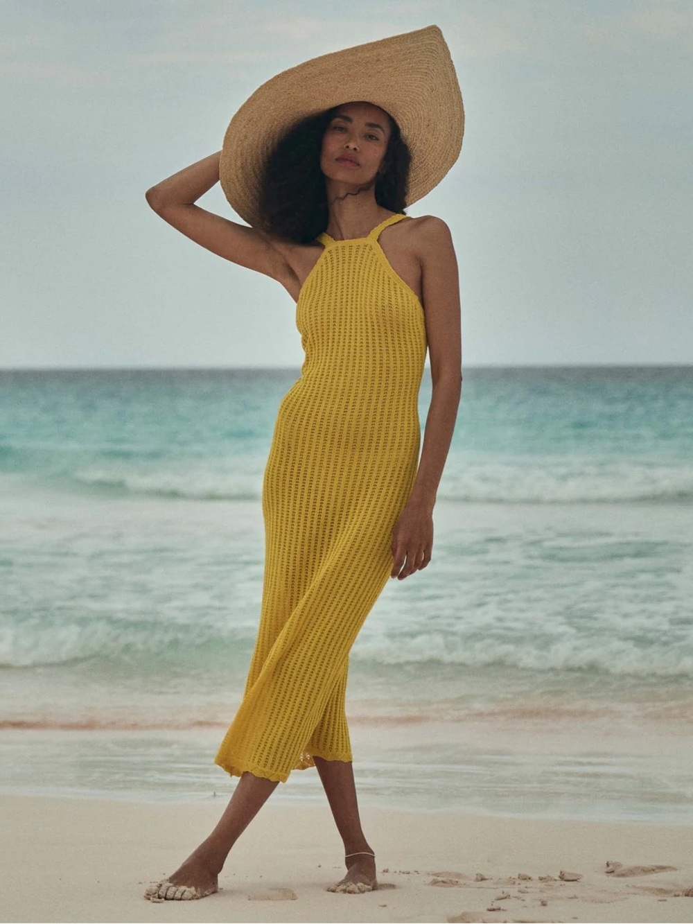 Doen Lyrianna Pointelle Halter Sweater Knit Midi Maxi Dress Citrus Yellow Gold